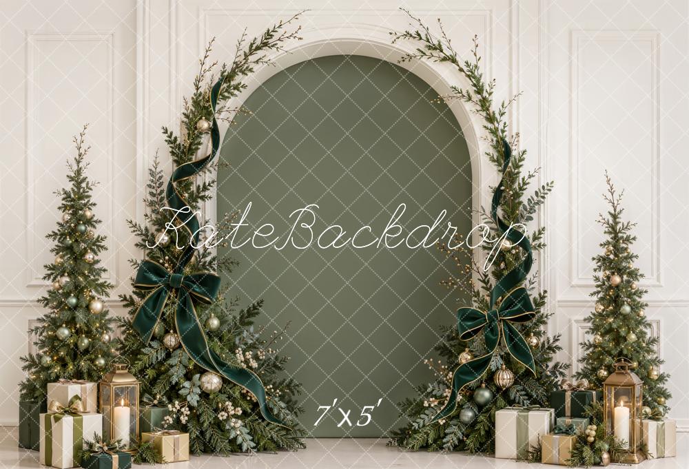 Kate Christmas Evergreen Arch Trees Green Velvet Bow Gifts Matte UV Printed Vinyl Backdrop