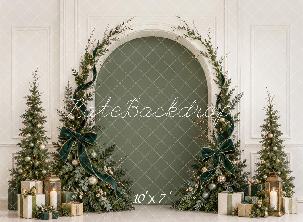 Kate Christmas Evergreen Arch Trees Green Velvet Bow Gifts Matte UV Printed Vinyl Backdrop