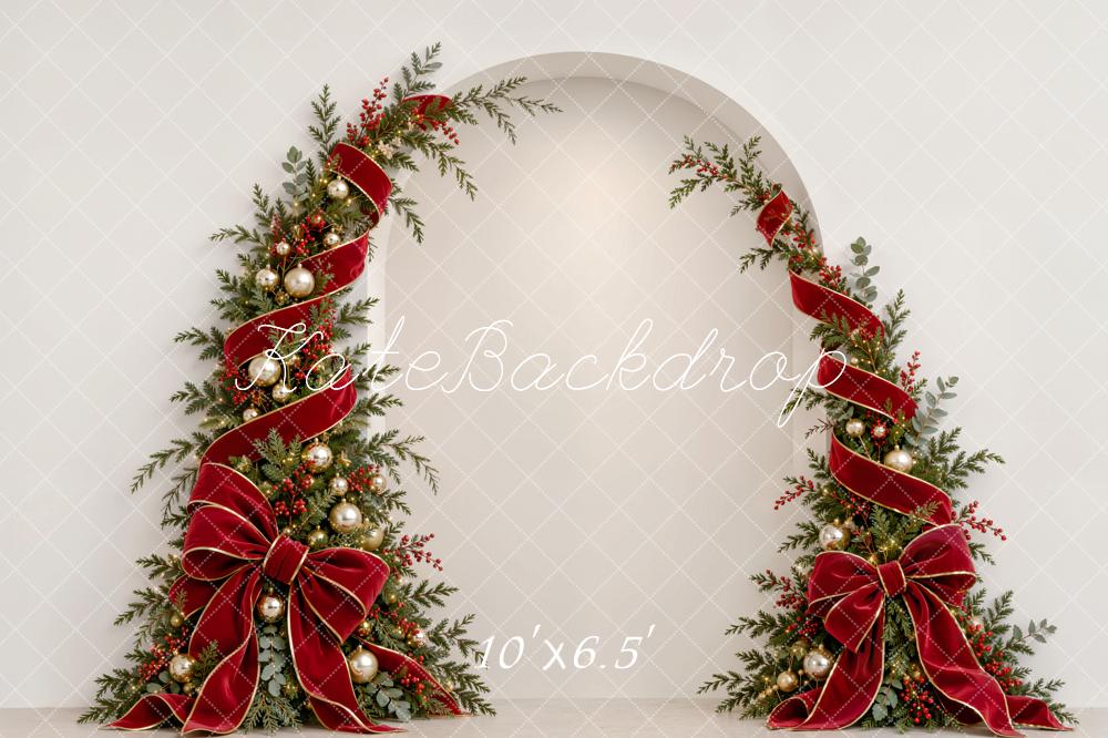 Kate Christmas Arch Red Ribbon Bow Garland White Wall Matte UV Printed Vinyl Backdrop