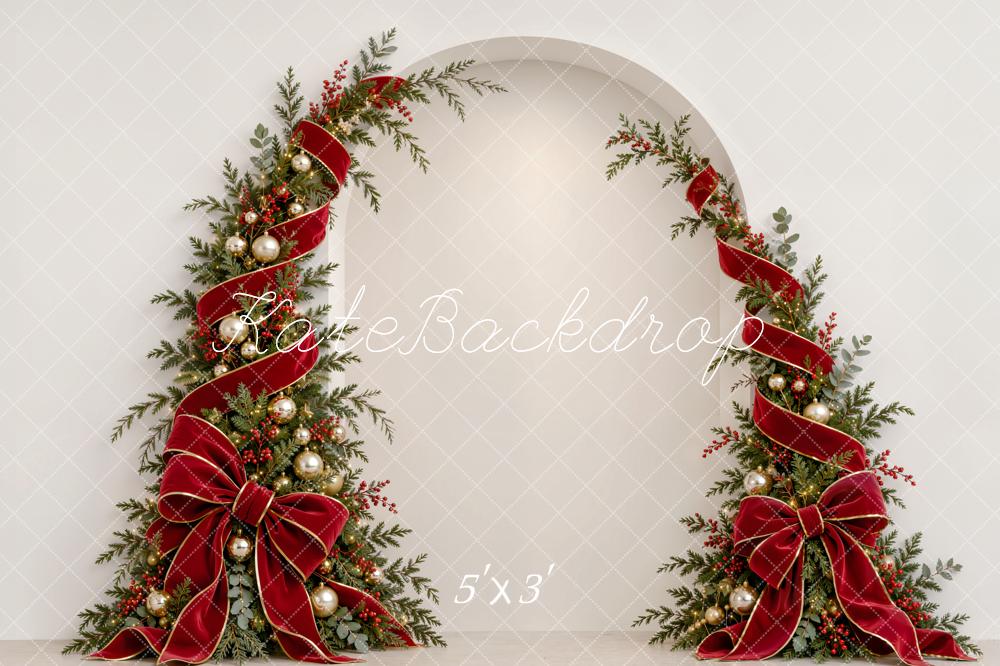 Kate Christmas Arch Red Ribbon Bow Garland White Wall Matte UV Printed Vinyl Backdrop