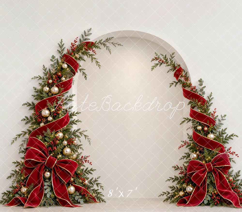 Kate Christmas Arch Red Ribbon Bow Garland White Wall Matte UV Printed Vinyl Backdrop