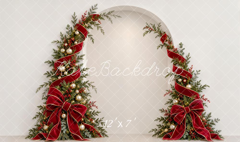 Kate Christmas Arch Red Ribbon Bow Garland White Wall Matte UV Printed Vinyl Backdrop