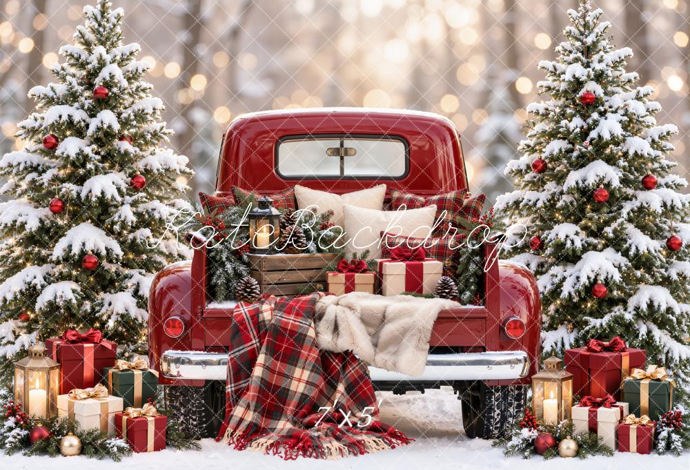 Kate Christmas Red Vintage Truck Snowy Trees Plaid Blanket Matte UV Printed Vinyl Backdrop
