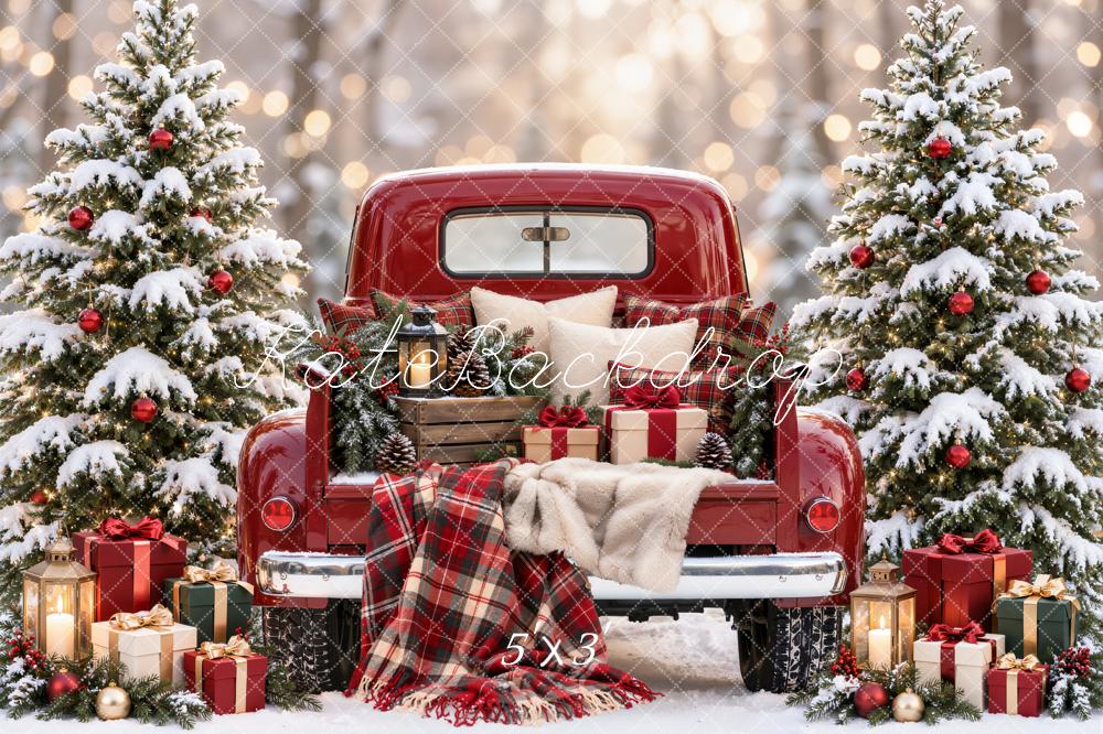 Kate Christmas Red Vintage Truck Snowy Trees Plaid Blanket Matte UV Printed Vinyl Backdrop