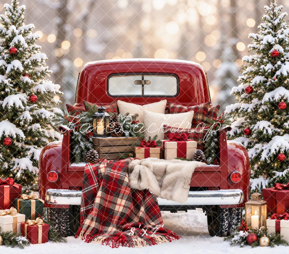 Kate Christmas Red Vintage Truck Snowy Trees Plaid Blanket Matte UV Printed Vinyl Backdrop