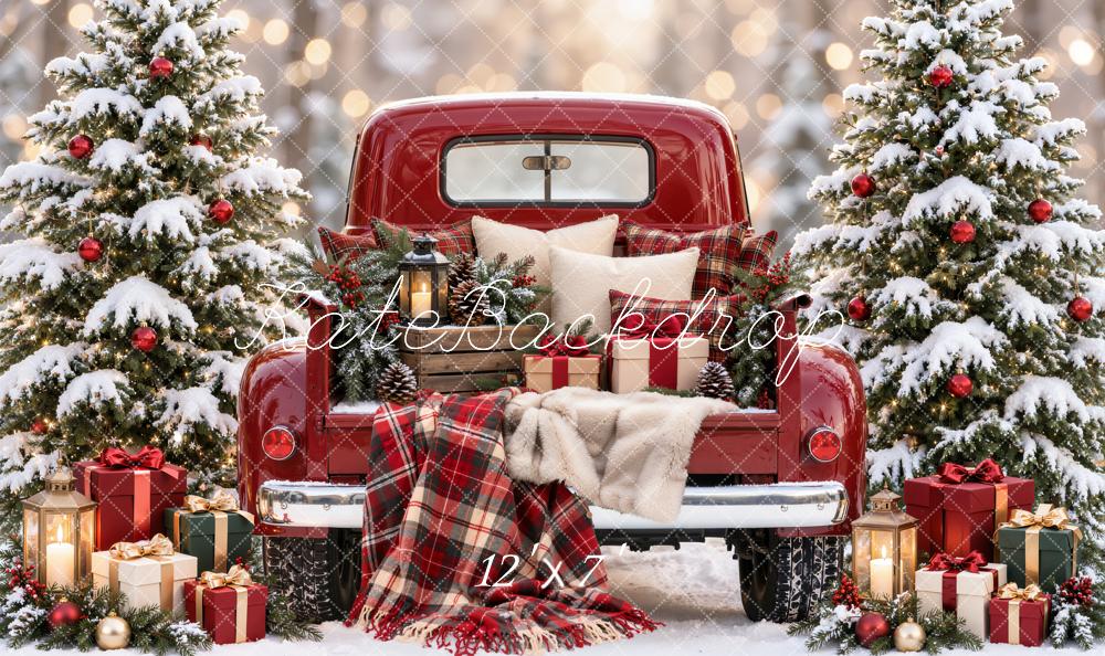 Kate Christmas Red Vintage Truck Snowy Trees Plaid Blanket Matte UV Printed Vinyl Backdrop