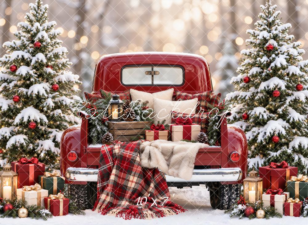 Kate Christmas Red Vintage Truck Snowy Trees Plaid Blanket Matte UV Printed Vinyl Backdrop