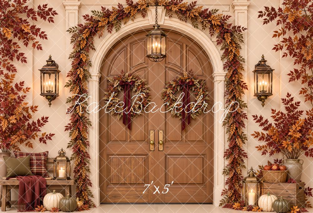 Kate Fall Arched Door Maple Leaves Garland Lanterns Matte UV Printed Vinyl Backdrop