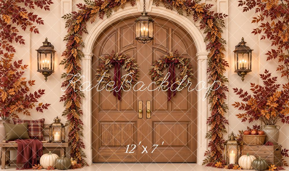 Kate Fall Arched Door Maple Leaves Garland Lanterns Matte UV Printed Vinyl Backdrop