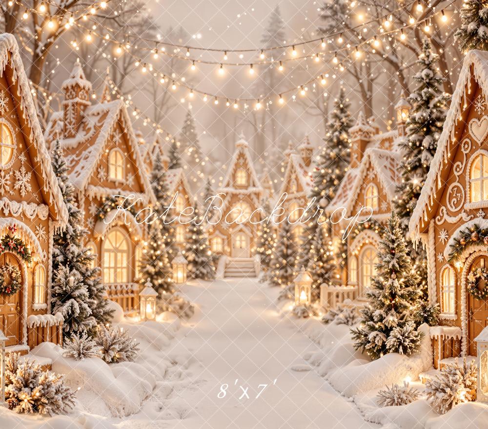 Kate Christmas Gingerbread Village Snowy Trees String Lights Matte UV Printed Vinyl Backdrop