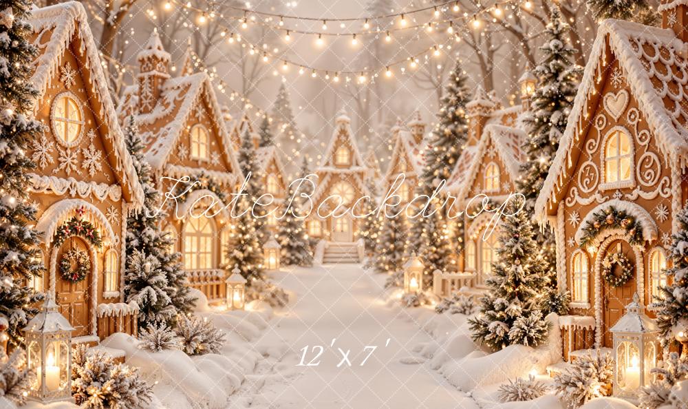 Kate Christmas Gingerbread Village Snowy Trees String Lights Matte UV Printed Vinyl Backdrop