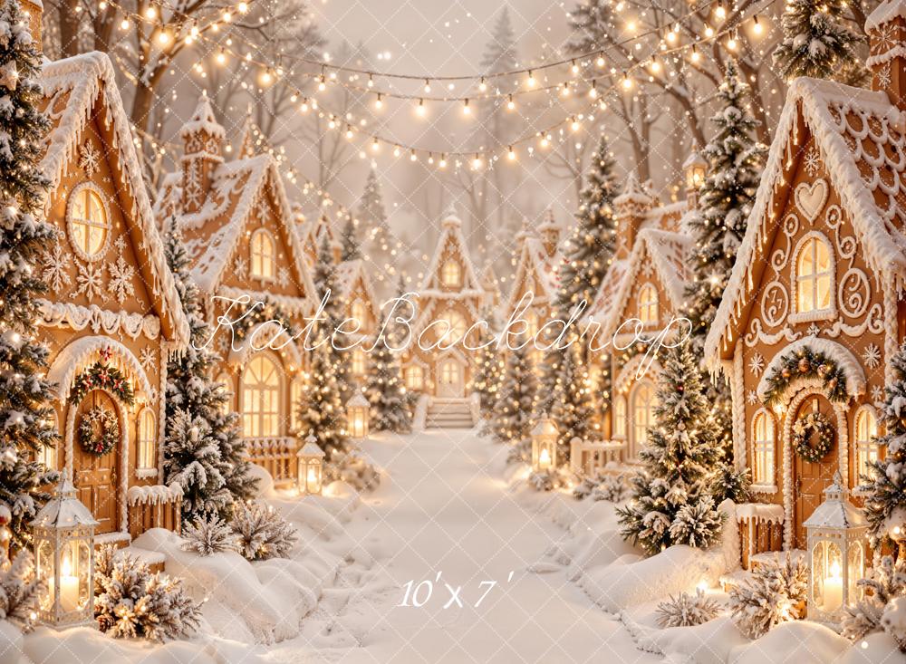 Kate Christmas Gingerbread Village Snowy Trees String Lights Matte UV Printed Vinyl Backdrop