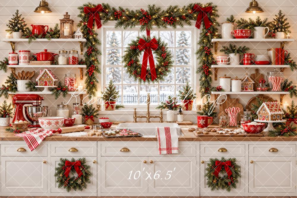 Kate Christmas White Kitchen Garland Wreath Window Red Bows Matte UV Printed Vinyl Backdrop