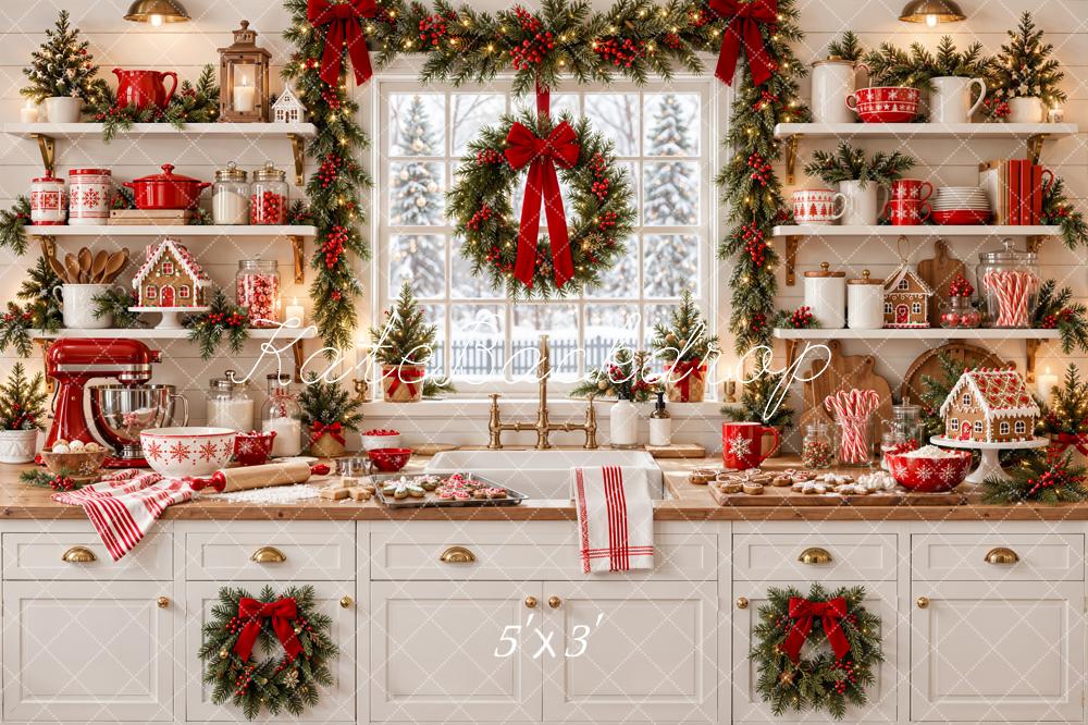 Kate Christmas White Kitchen Garland Wreath Window Red Bows Matte UV Printed Vinyl Backdrop