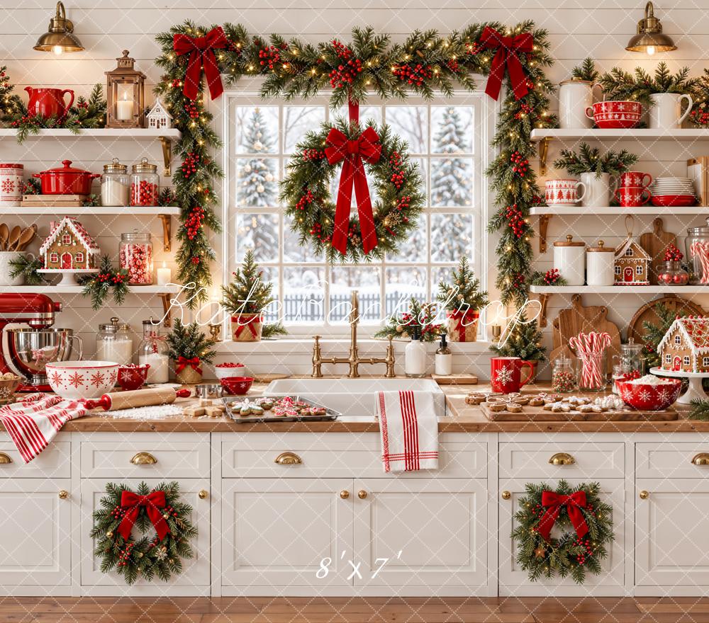 Kate Christmas White Kitchen Garland Wreath Window Red Bows Matte UV Printed Vinyl Backdrop