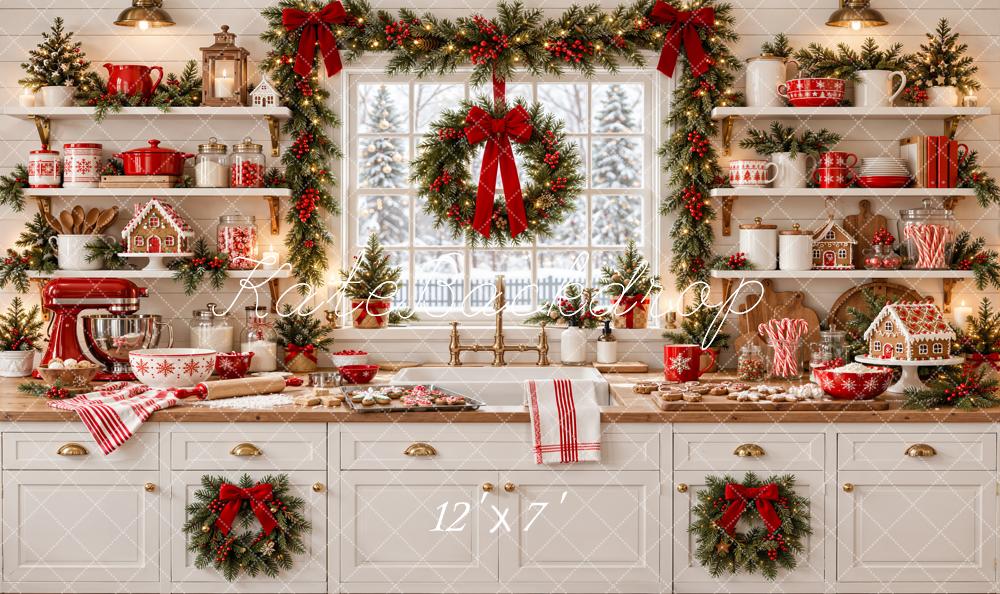 Kate Christmas White Kitchen Garland Wreath Window Red Bows Matte UV Printed Vinyl Backdrop