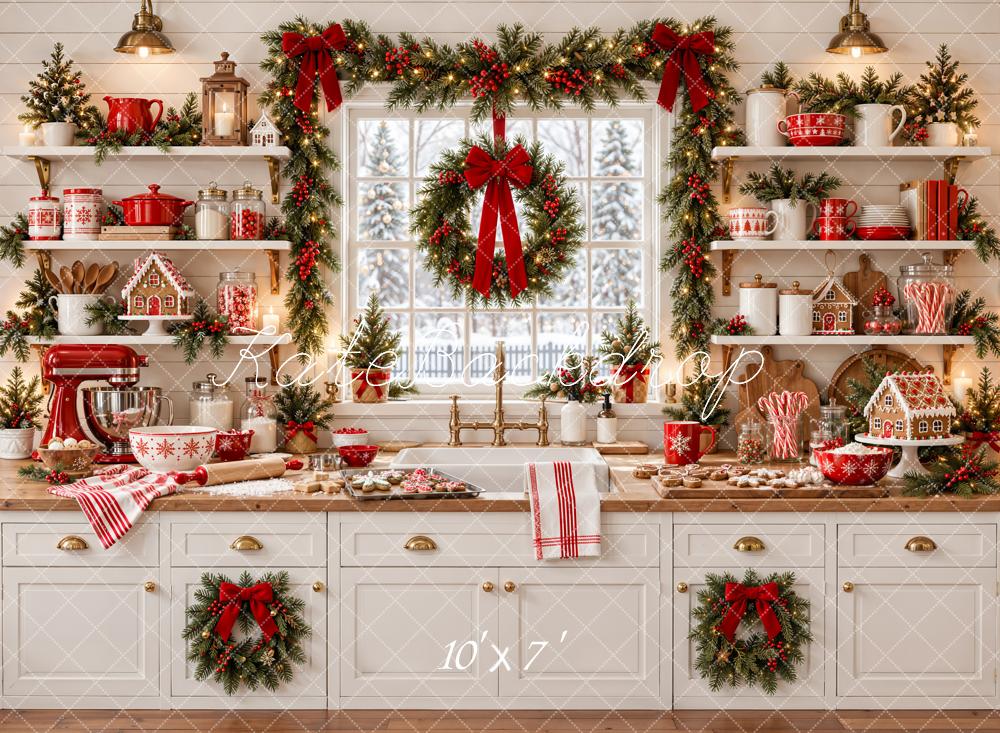 Kate Christmas White Kitchen Garland Wreath Window Red Bows Matte UV Printed Vinyl Backdrop