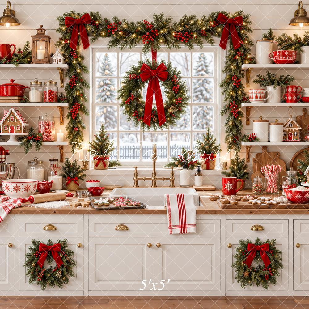 Kate Christmas White Kitchen Garland Wreath Window Red Bows Matte UV Printed Vinyl Backdrop