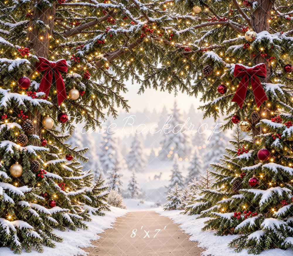 Kate Christmas Trees Snowy Pine Arch Forest Path Matte UV Printed Vinyl Backdrop