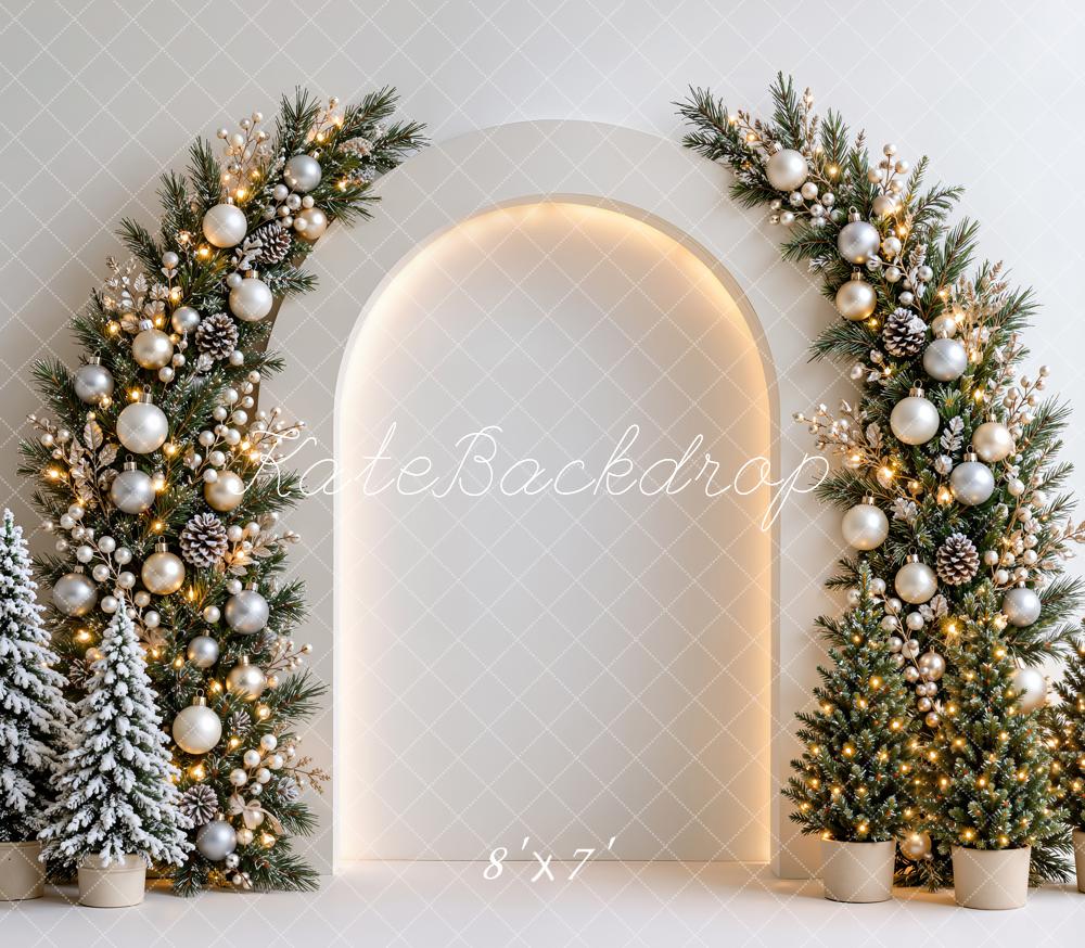 Kate Christmas Garland Arch Snowy Trees White Wall Matte UV Printed Vinyl Backdrop