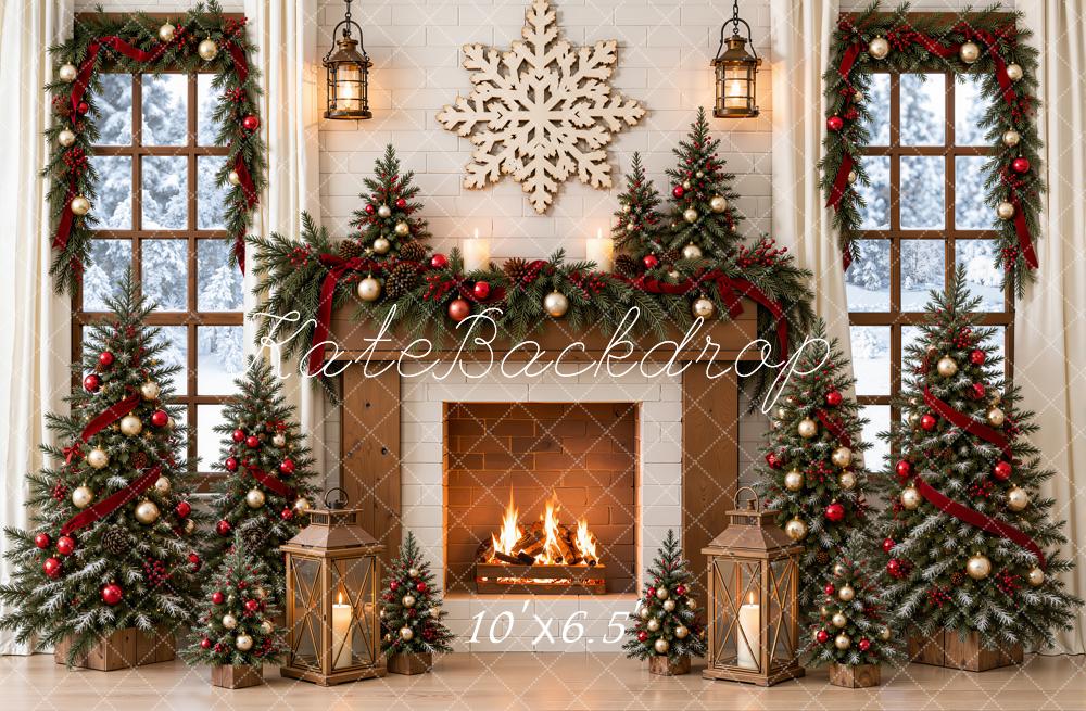 Kate Christmas Fireplace Christmas Trees Red Ribbon Garland Snowflake Matte UV Printed Vinyl Backdrop