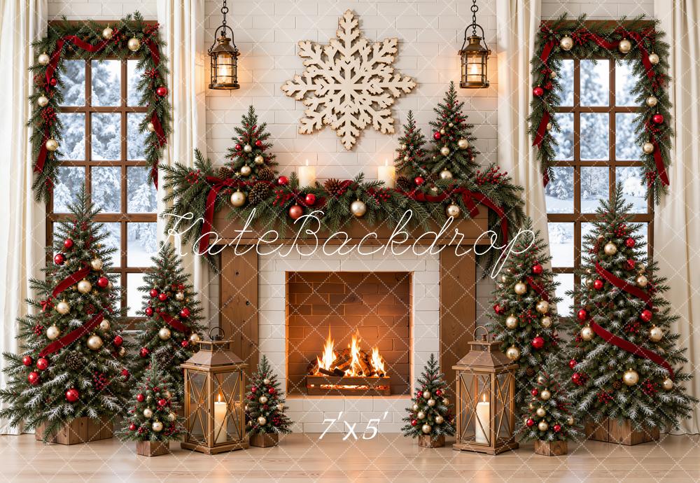 Kate Christmas Fireplace Christmas Trees Red Ribbon Garland Snowflake Matte UV Printed Vinyl Backdrop