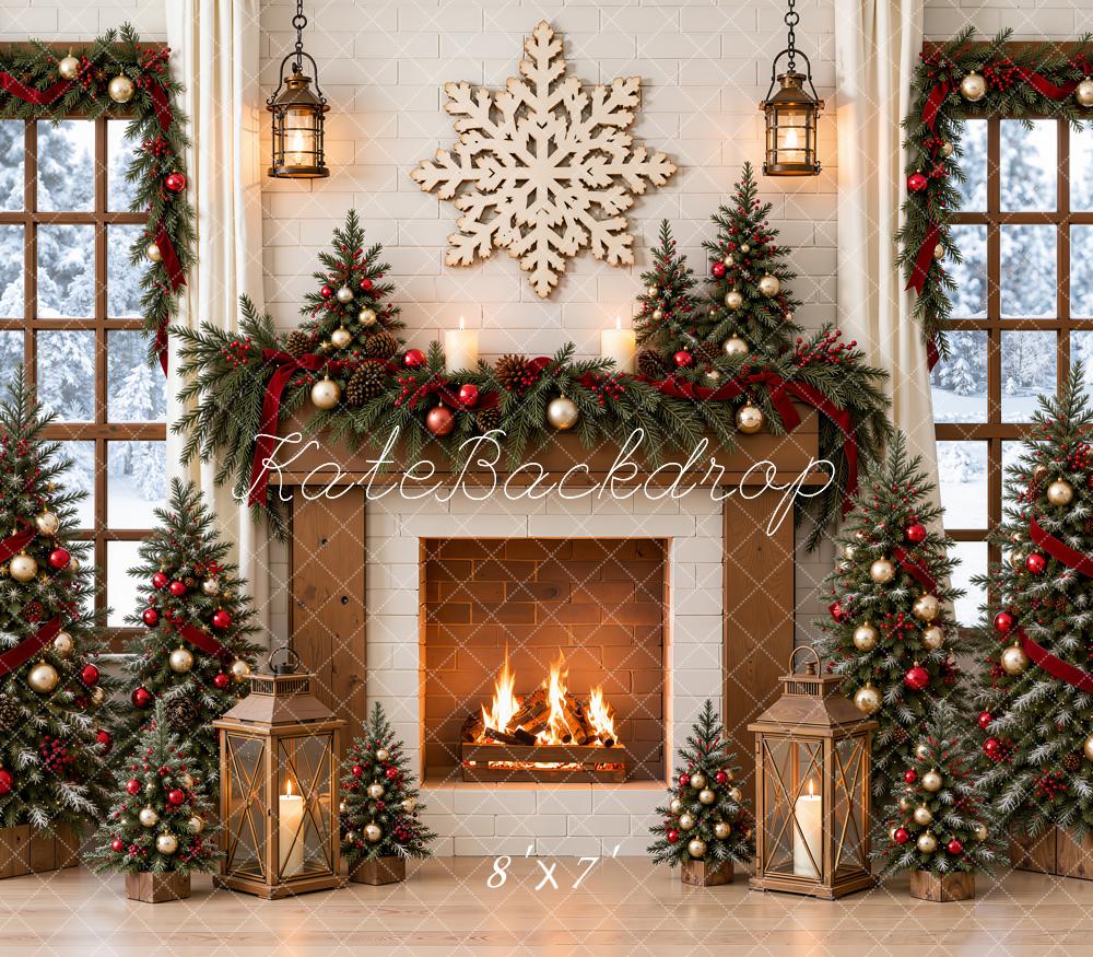 Kate Christmas Fireplace Christmas Trees Red Ribbon Garland Snowflake Matte UV Printed Vinyl Backdrop
