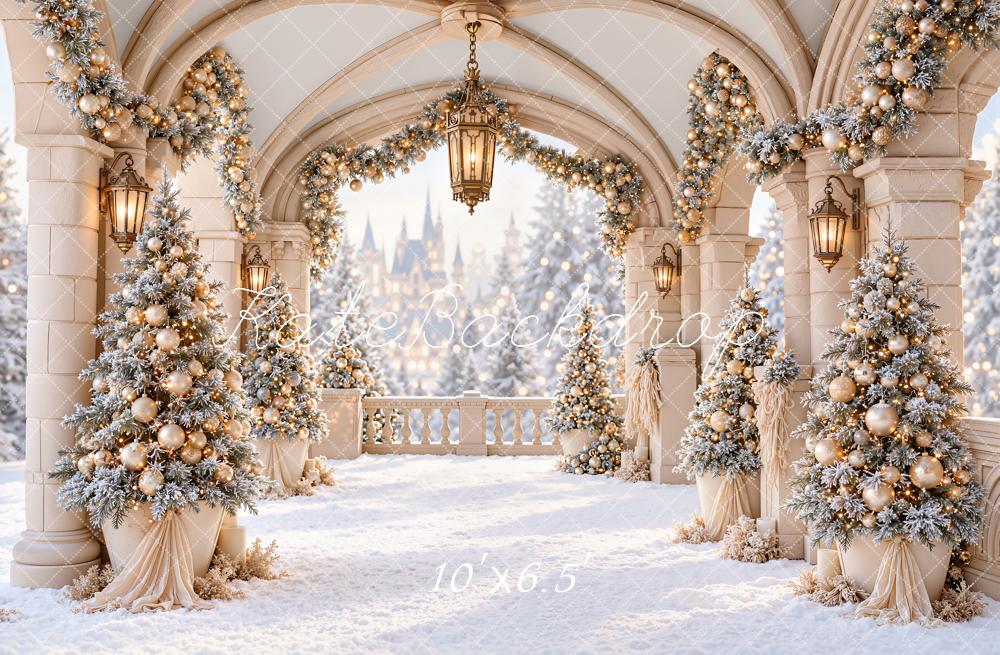 Kate Christmas Snowy Archway Christmas Trees Lanterns Matte UV Printed Vinyl Backdrop