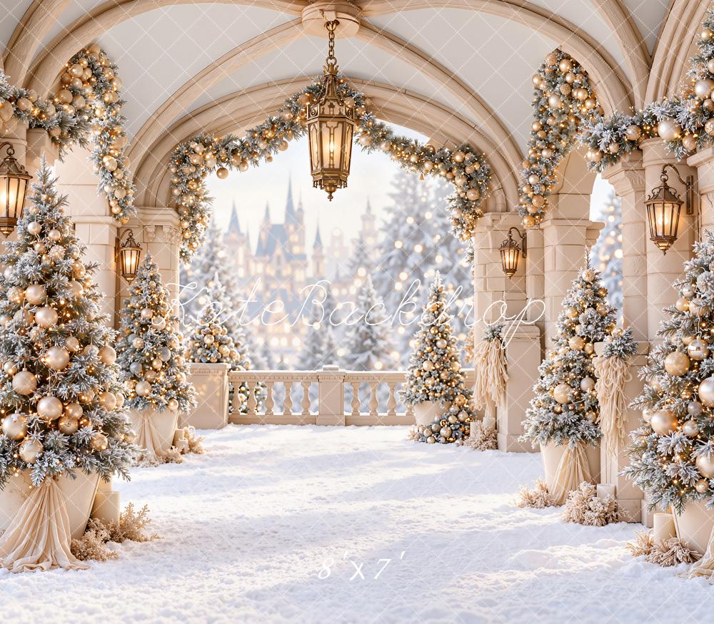 Kate Christmas Snowy Archway Christmas Trees Lanterns Matte UV Printed Vinyl Backdrop