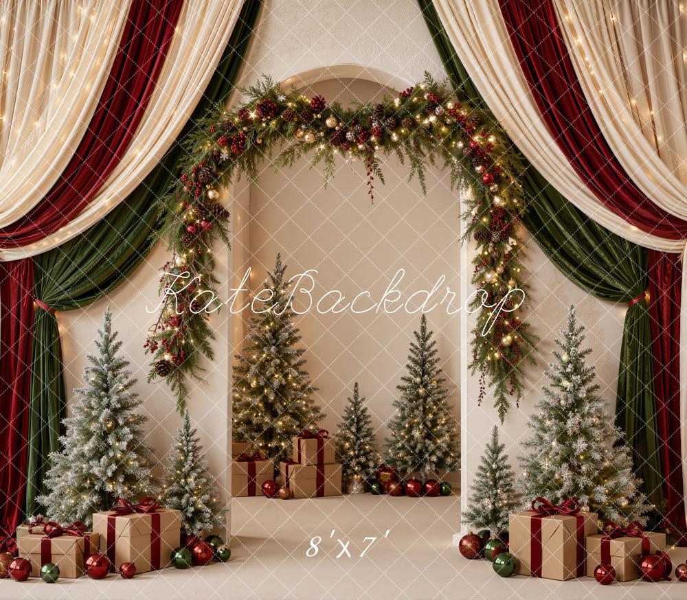 Kate Christmas Draped Curtains Garland Arch Trees Gifts Matte UV Printed Vinyl Backdrop