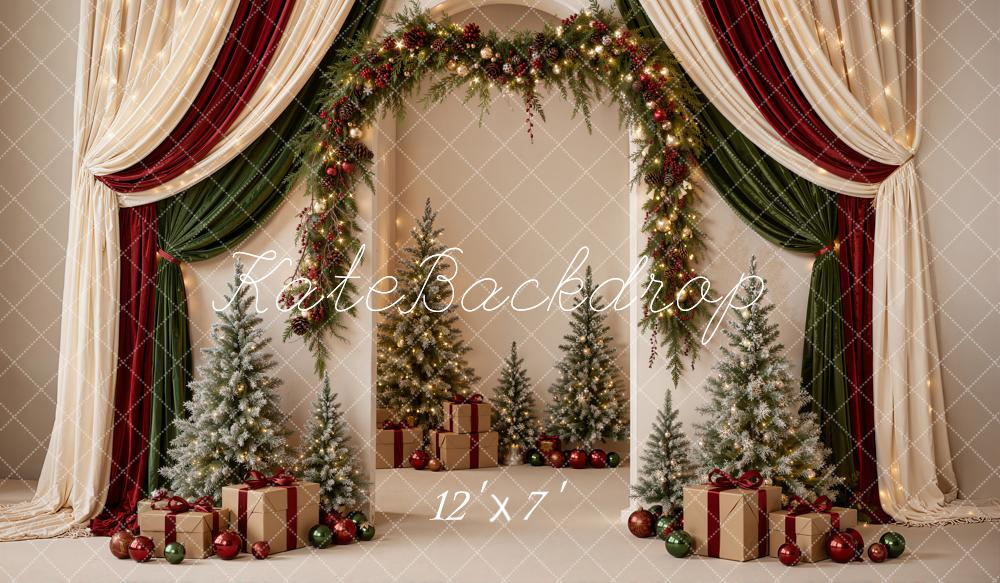 Kate Christmas Draped Curtains Garland Arch Trees Gifts Matte UV Printed Vinyl Backdrop