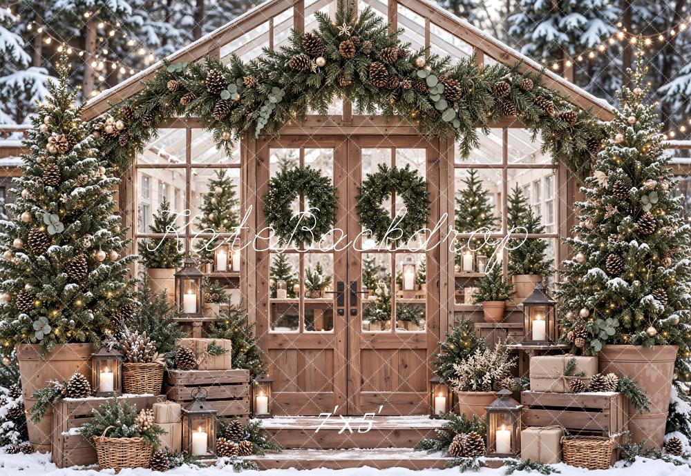 Kate Christmas Snowy Greenhouse Garland Wreath Matte UV Printed Vinyl Backdrop