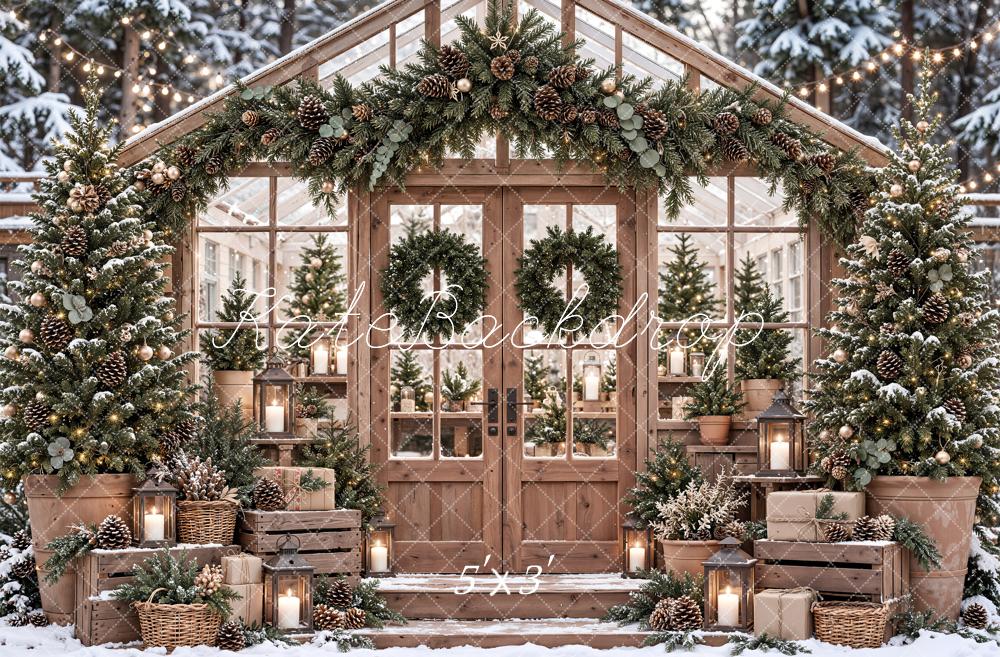 Kate Christmas Snowy Greenhouse Garland Wreath Matte UV Printed Vinyl Backdrop