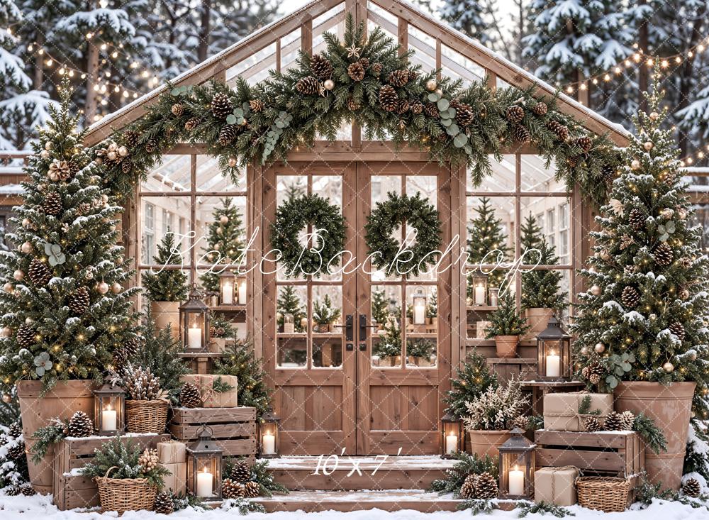 Kate Christmas Snowy Greenhouse Garland Wreath Matte UV Printed Vinyl Backdrop