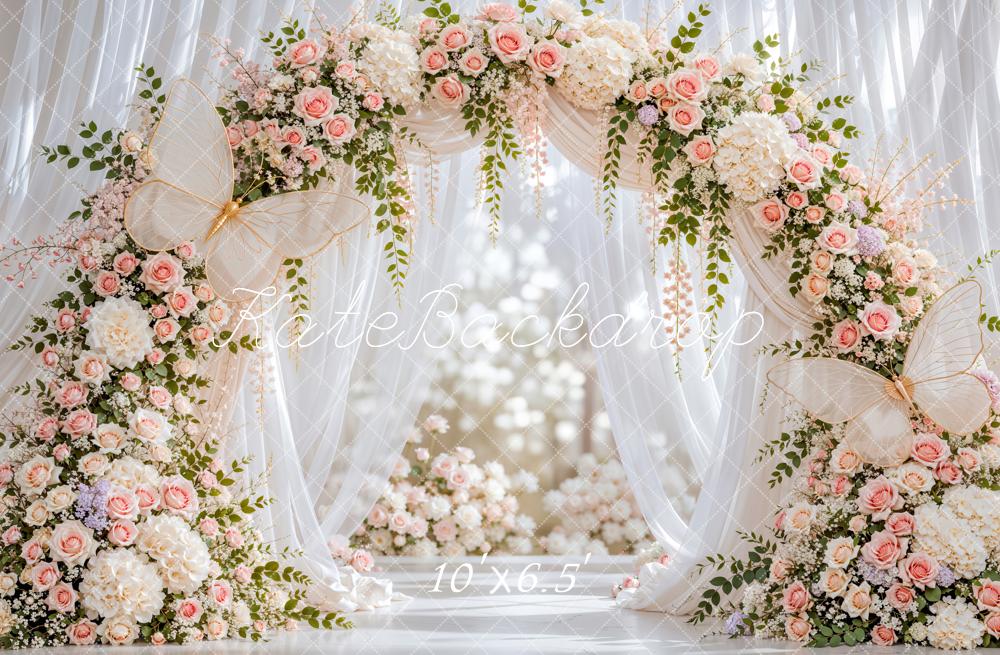 Kate Spring Flower Arch Butterfly White Sheer Drapes Matte UV Printed Vinyl Backdrop