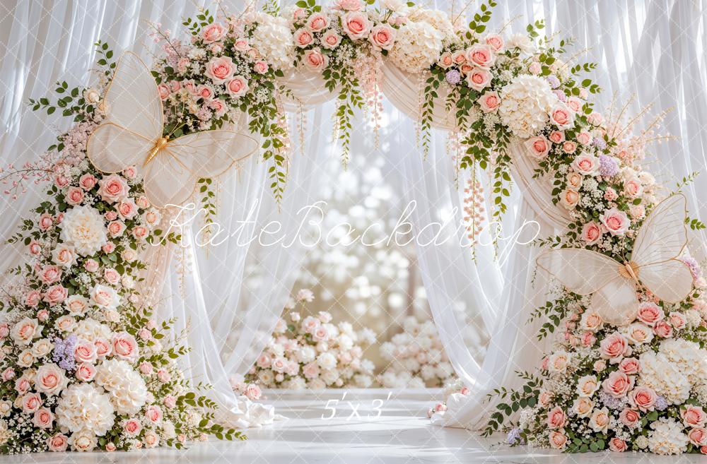 Kate Spring Flower Arch Butterfly White Sheer Drapes Matte UV Printed Vinyl Backdrop