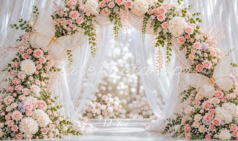 Kate Spring Flower Arch Butterfly White Sheer Drapes Matte UV Printed Vinyl Backdrop