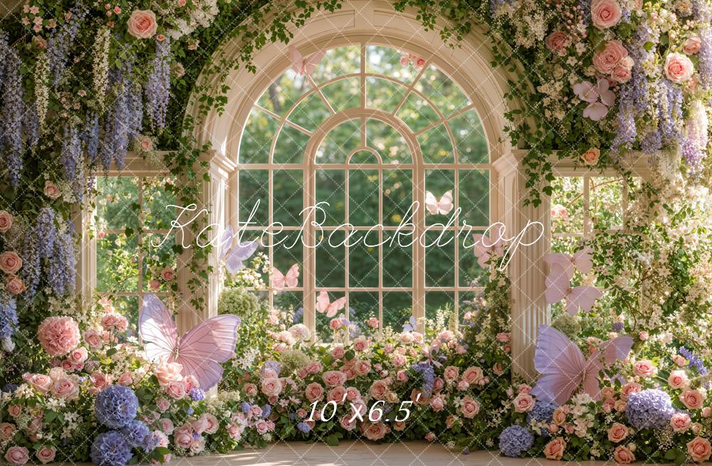 Kate Spring Flower Arched Window Garden Butterflies Greenery Matte UV Printed Vinyl Backdrop