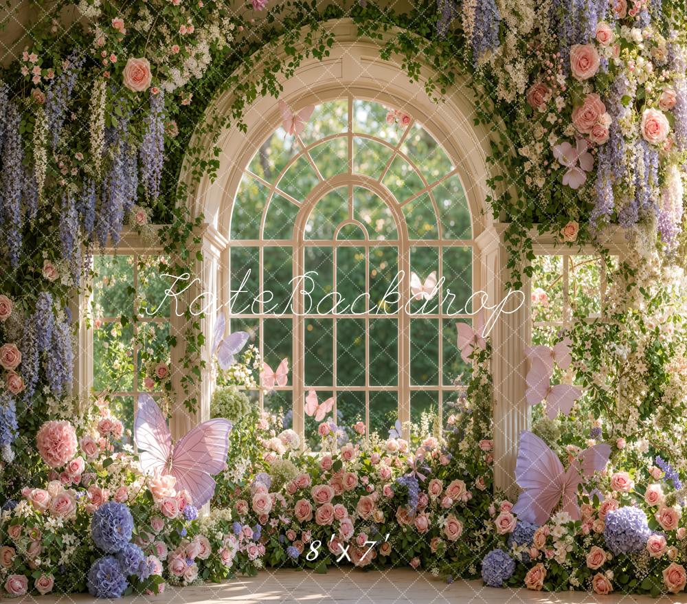 Kate Spring Flower Arched Window Garden Butterflies Greenery Matte UV Printed Vinyl Backdrop