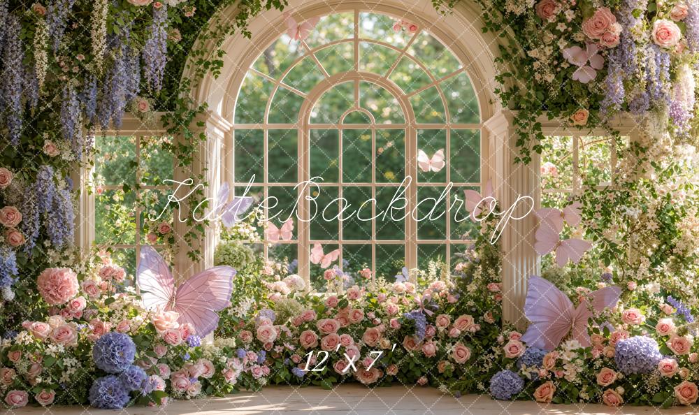 Kate Spring Flower Arched Window Garden Butterflies Greenery Matte UV Printed Vinyl Backdrop