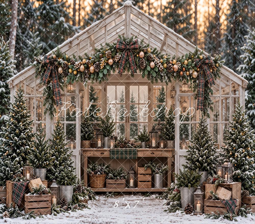 Kate Christmas Greenhouse Snowy Trees Garland Rustic Woodland Matte UV Printed Vinyl Backdrop