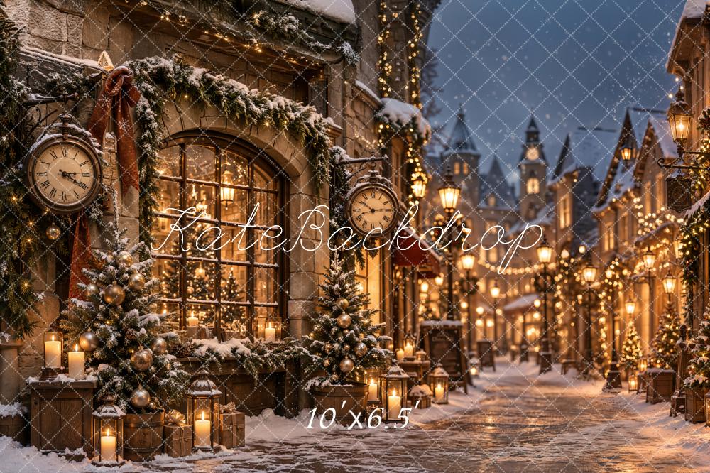 Kate Christmas Snowy Village Street Vintage Clock Matte UV Printed Vinyl Backdrop