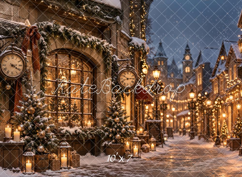 Kate Christmas Snowy Village Street Vintage Clock Matte UV Printed Vinyl Backdrop