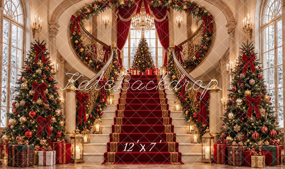 Kate Christmas Cascading Stairs Palace Red Carpet Luxury Trees Matte UV Printed Vinyl Backdrop