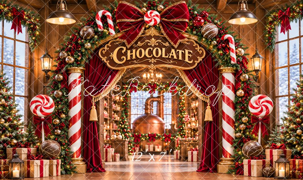 Kate Christmas Chocolate Factory Candy Cane Arch Bow Matte UV Printed Vinyl Backdrop