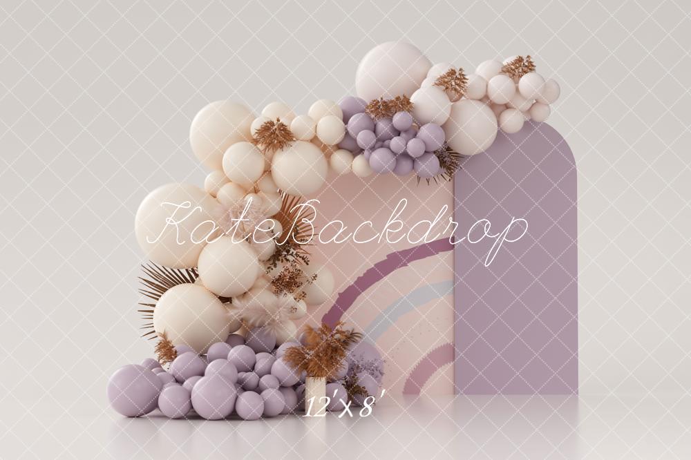 Globos Boho Morados para Smash Cake en Fondo de Franela Diseñado por Fotografía de Uta Mueller