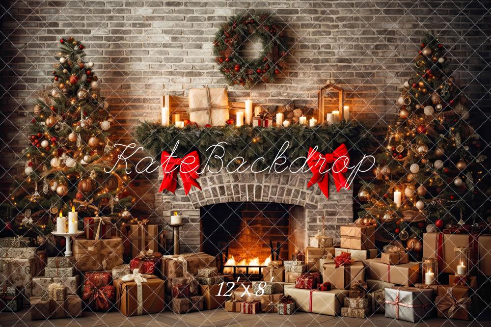 Kate Christmas Rustic Brick Fireplace and Trees Winter Fleece Backdrop Designed by Mini MakeBelieve