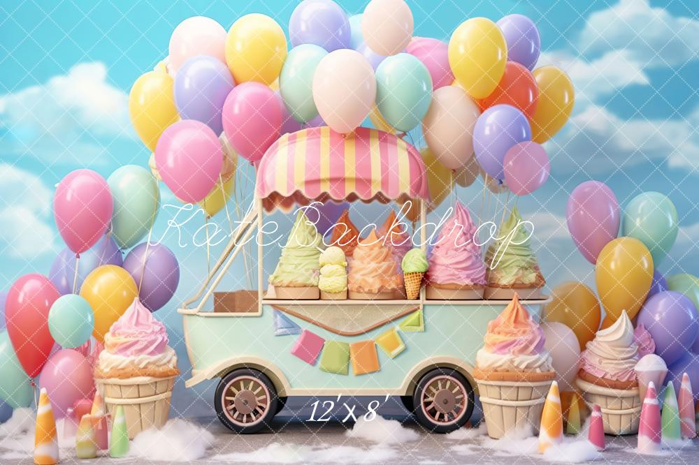 Kate Summer Sweet Ice Cream Car Cake Smash Balloon Sky Fleece Backdrop Designed by Chain Photography