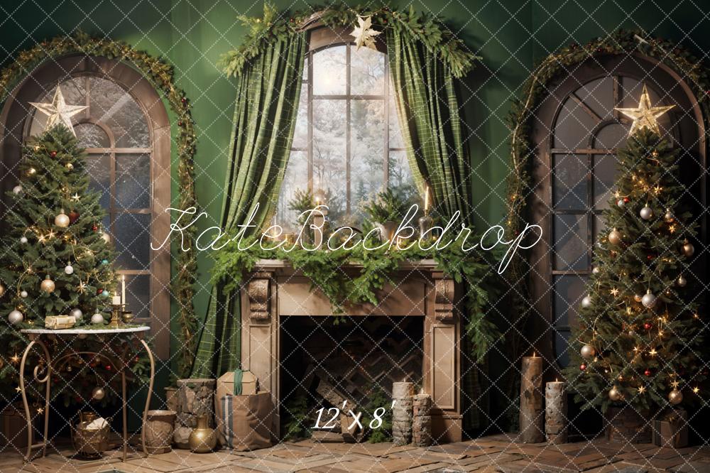 Kate Christmas Green Fireplace Curtain Fleece Backdrop Designed by Emetselch