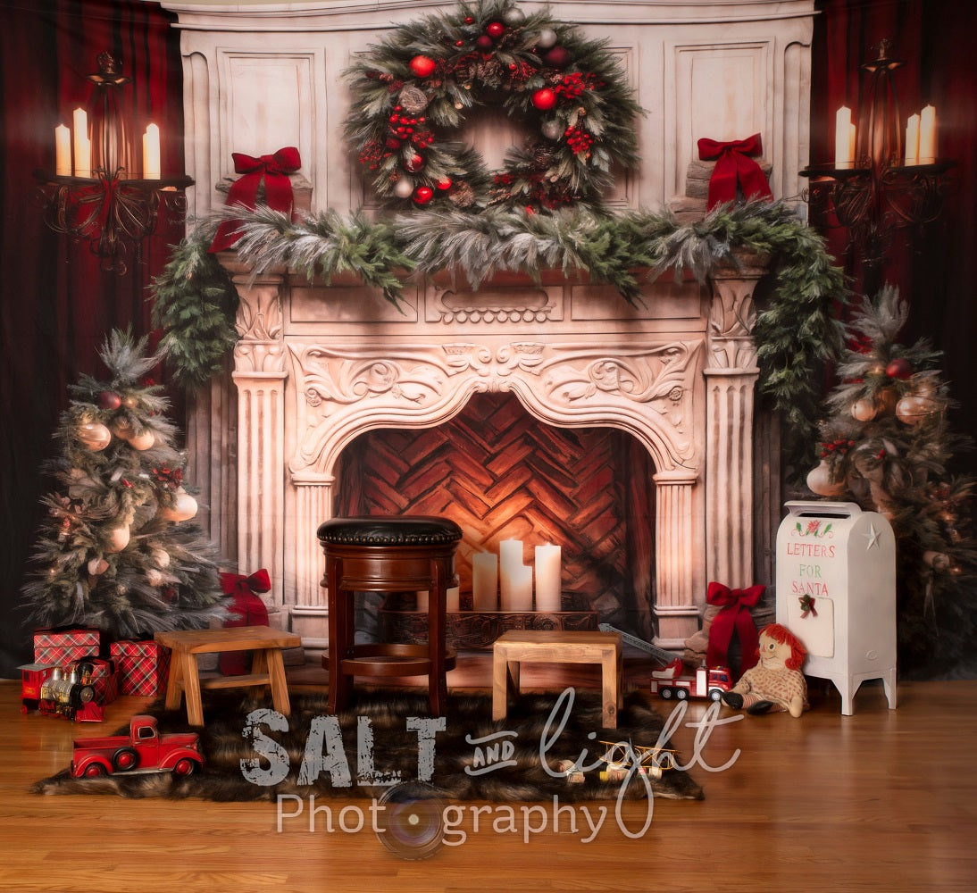 Kate Christmas Tree Fireplace Red Fleece Backdrop Designed by Emetselch